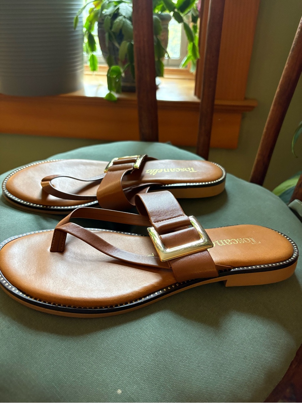 Leather Thong Sandal with Gold Buckle